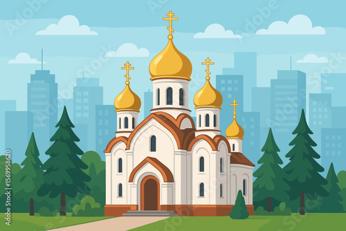 Orthodox Christian church with golden domes against a modern city skyline. Religious temple building in a park with pine trees. Vector illustration of faith and architecture.