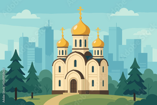 Orthodox Christian Church with Golden Domes, Pine and Fir Trees, Modern City Skyline, Urban Landscape, Religion Architecture, Vector Illustration