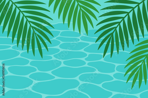 Tropical Palm Leaves Over Turquoise Water Background. Summer Poolside Nature Scene. Exotic Jungle Foliage, Blue Water Surface, Relaxation Concept. Vector Illustration for Design, Banner, Poster, Card