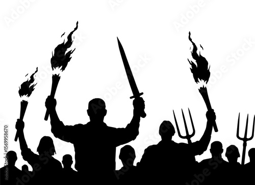Silhouette of angry crowd of people with guns and torches. Vector isolated background.