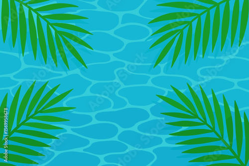 Tropical Palm Leaves Over Blue Water Background. Summer Poolside Nature Scene. Exotic Green Palm Fronds, Sunlight, Swimming Pool Water Surface. Relaxation, Vacation, Beach Resort, Vector Illustration