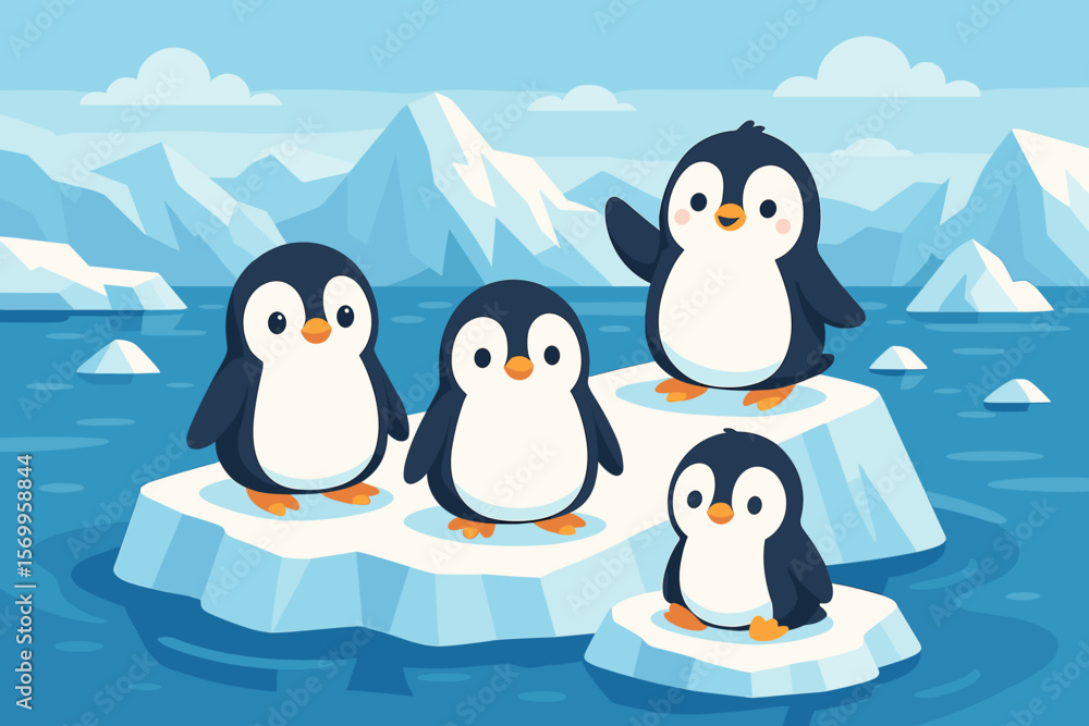 Naklejka premium Cute Cartoon Penguins on Floating Icebergs in Antarctic Landscape with Glaciers, Blue Water, Snowy Mountains, Winter Wildlife, Vector Illustration for Kids, Postcard, Poster, Nursery Decor