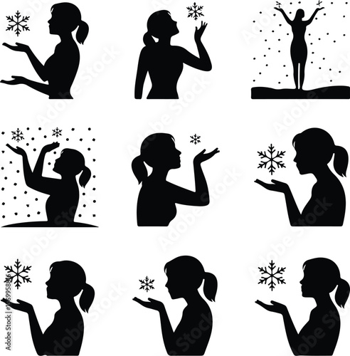 Snowy Day Vector Icons – Female in Snow Pose Silhouettes Woman Catching Snowflakes Silhouette Set – Winter Joy Icon Collection