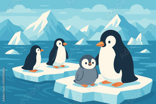 Penguins Family on Iceberg. Cute Antarctic Penguins, Baby Chick, Majestic Glacier Mountains, Floating Ice, Blue Ocean, Wildlife Nature Scene, Vector Illustration, Postcard, Poster, Winter Landscape