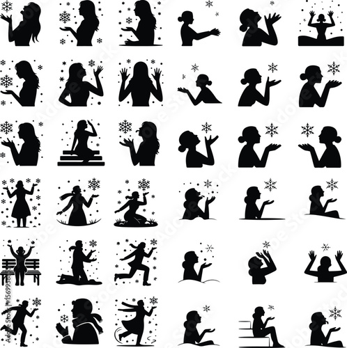 Snowy Day Vector Icons – Female in Snow Pose Silhouettes Woman Catching Snowflakes Silhouette Set – Winter Joy Icon Collection