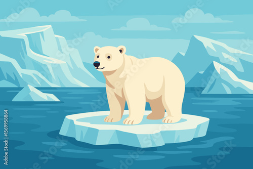 Polar bear on ice floe, arctic wildlife, climate change concept, polar bear standing on melting ice, glacier landscape, iceberg, arctic ocean, environmental illustration, vector art