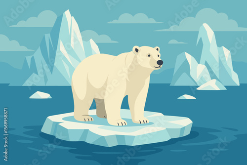 Majestic Polar Bear Standing on Melting Ice Floe, Arctic Wildlife, Climate Change Concept, Glacier and Iceberg Landscape, Endangered Animal, Vector Illustration