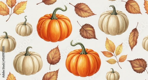 Autumnal arrangement featuring pumpkins and foliage scattered on light ground