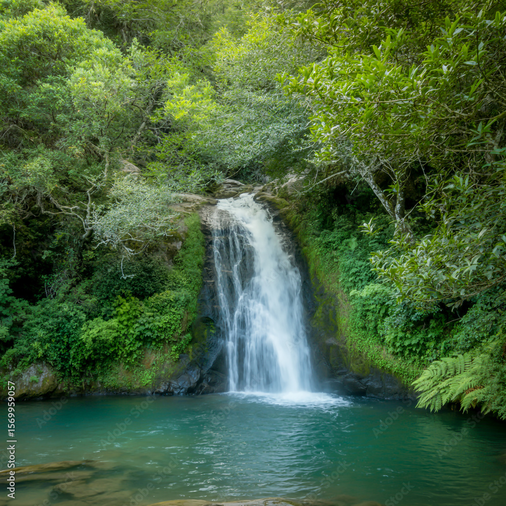 Naklejka premium A serene landscape photograph of a cascading waterfall in a lush green forest setting.