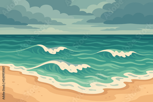 Tropical Beach Shoreline with Rolling Waves, Cloudy Sky, Restless Sea, Sandy Coast, Modern Flat Vector Illustration, Ocean Landscape, Seaside Nature, Coastal Weather Scene