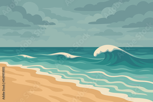 Tropical Beach with Rolling Waves and Cloudy Sky, Restless Sea, Sandy Shore, Modern Flat Vector Illustration, Ocean Coastline, Seaside Landscape, Summer Vacation Concept