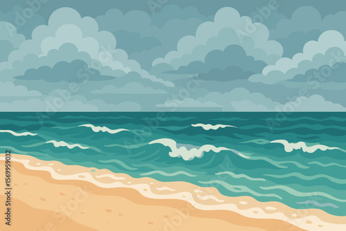 Tropical Beach with Rolling Waves and Cloudy Sky, Restless Sea, Sandy Shoreline, Overcast Weather, Modern Flat Vector Illustration, Coastal Landscape, Seaside Nature Scene