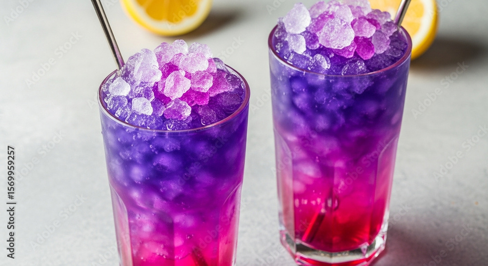 Two vibrant purple and pink cocktails topped with crushed ice and lemon slices on a white surface Two vibrant purple and pink cocktails topped with crushed ice and lemon slices on a white surface