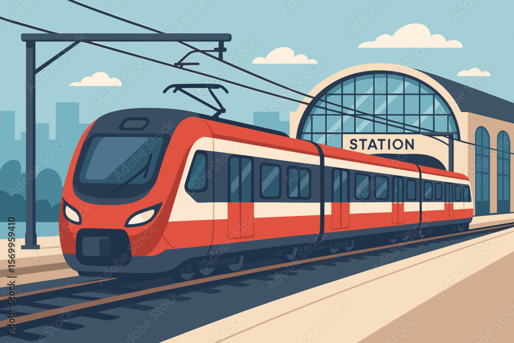 Naklejka premium Modern Electric Train Arriving at Urban Railway Station, Red and White Passenger Train, Subway Transit, City Transport, Flat Vector Cartoon Illustration