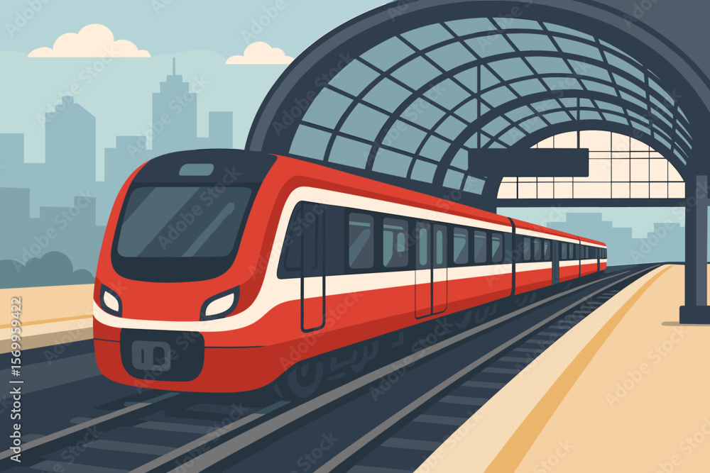 Naklejka premium Modern Red Passenger Train Arriving at Urban Railway Station, Subway Metro Transit, Cityscape Background, Transportation Concept, Flat Vector Illustration