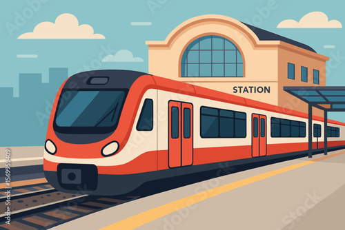 Modern Passenger Train Arriving at Urban Railway Station, Red and White Subway, Public Transport, Cityscape, Flat Vector Cartoon Illustration