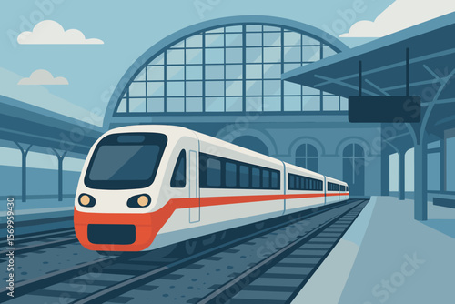 Modern High-Speed Train Arriving at Urban Railway Station, Contemporary Passenger Transport, Subway or Commuter Train, Glass Roof Terminal, Travel and Transit Concept, Flat Vector Illustration
