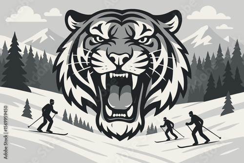 Roaring Tiger Head Mascot in Winter Mountain Landscape, Angry Tiger Illustration, Black and White Vector, Skiers, Snow, Forest, Modern Flat Cartoon Art