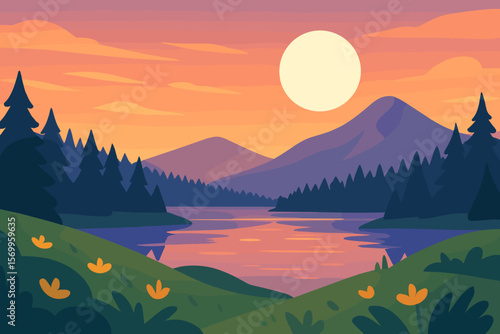 Tranquil Mountain Lake Sunset Landscape Vector. Moonrise Over Pine Forest, Rolling Hills, Wildflowers, Serene Water Reflection, Spring or Summer Nature Scene, Idyllic Wilderness Illustration