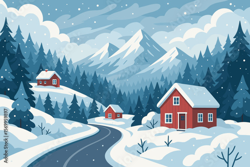 Winter Mountain Landscape with Red Cabins, Snowy Forest, Winding Road, Snowdrifts, Pine Trees, Majestic Peaks, Overcast Sky, Scenic Winter Wonderland