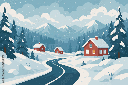 Winter Wonderland Landscape with Snowy Forest, Majestic Mountains, Winding Road, Red Houses, Snowdrifts, Snow-Covered Pine Trees, Scenic Clouds, Peaceful Countryside, Cozy Cabins
