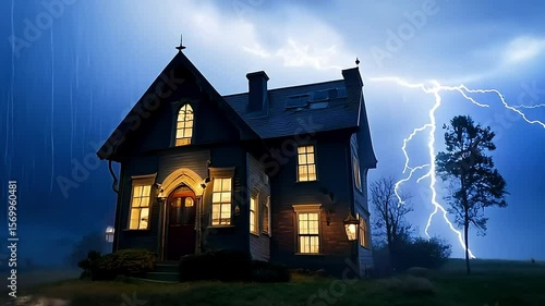 Haunted house during stormy night