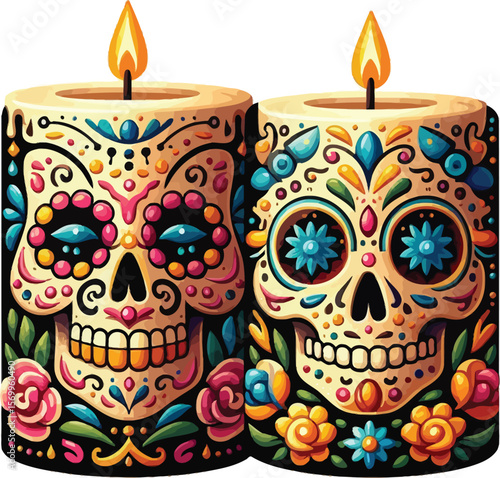 Vector Clipart of Two Candles in Day of the Dead Style with Clean White Background