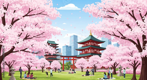 A serene Japanese park scene, featuring cherry blossoms and traditional architecture, with people enjoying the spring.