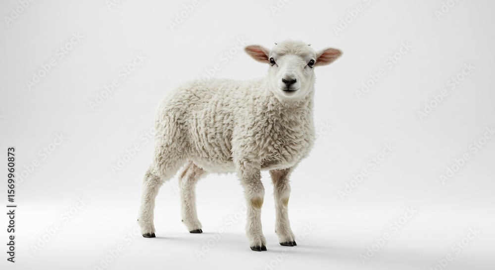 Fototapeta premium Fluffy sheep stands calmly soft light studio shot. AI Generated