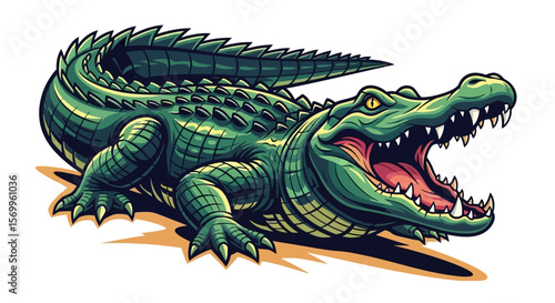 A vibrant, detailed illustration of a green alligator with its mouth wide open, revealing sharp teeth.