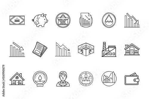 Line icons depicting recession concepts including falling graphs, houses, a piggy bank