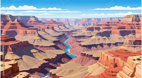 A vibrant illustration of the Grand Canyon, showcasing its vastness and colorful rock formations.