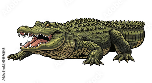 A powerful alligator, mouth agape, displays its formidable teeth and textured scales against a stark white background.