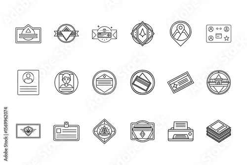 Set business card icons including name tags, printer, badge designs vector