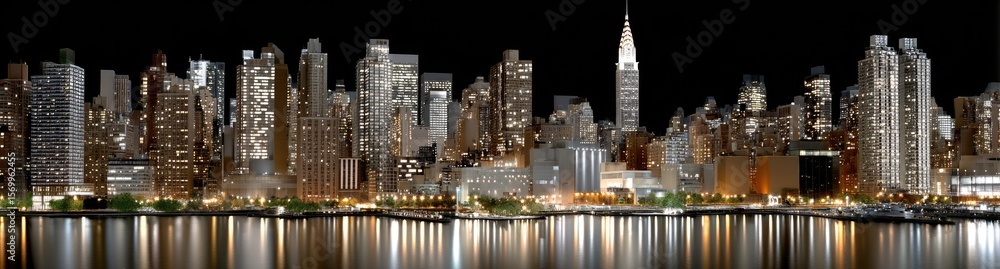 Naklejka premium Stunning skyline of New York City at night, showcasing lit skyscrapers against a dark sky, embodying the city's vibrant energy