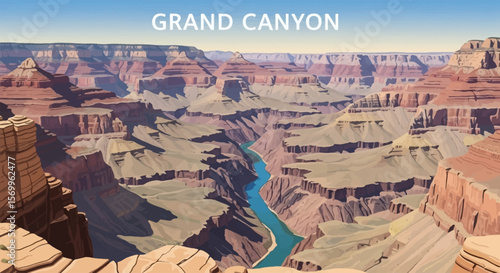 A scenic view of the Grand Canyon with the Colorado River winding through the canyon floor.