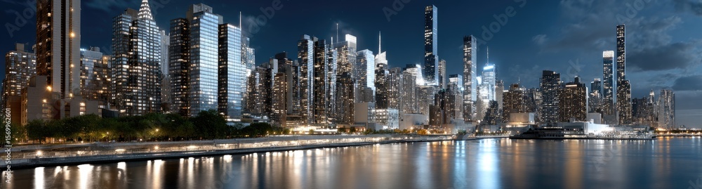 Fototapeta premium Stunning skyline of New York City at night, showcasing lit skyscrapers against a dark sky, embodying the city's vibrant energy