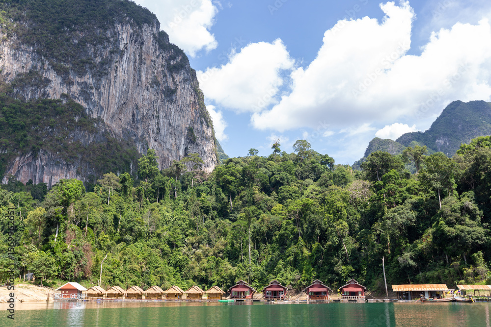 Fototapeta premium Riverside house for tourists, Khao Sok National Park, Surat Thani, Thailand
