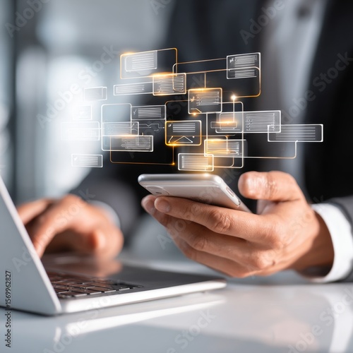 Mensajería a través de la tecnología en inteligencia artificial, hombre enviando mensajes a través del móvil o laptop.