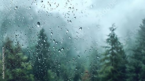 Fototapeta Naklejka Na Ścianę i Meble -  Rain droplets on glass with blurred forest and fog in the background creating a moody atmosphere