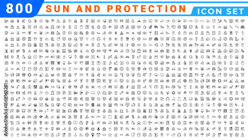 Sun & Protection icon set. Contains icons sunscreen, ultraviolet, sunglasses, SPF protection, umbrella, sunburn, sun hat and more. editable stroke. vector illustration