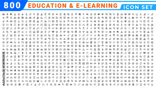 Education line icons collection. Big UI icon set in a flat design. Thin outline icons pack. Thin line icons set of academic subjects and education. Outline symbol collection.