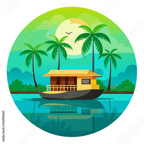 Flat Vector Illustration of a Traditional Kerala House with Coconut Trees and Natural Surroundings – Scenic South Indian Architecture for Travel, Culture, and Heritage Themes