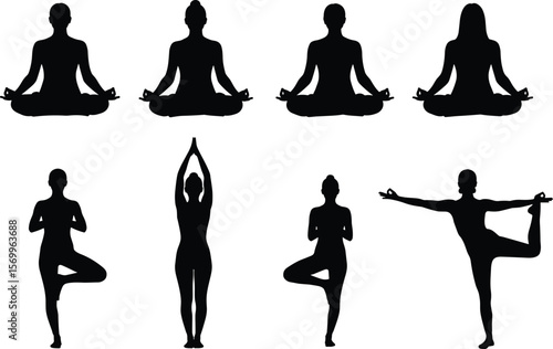 Silhouettes of women practicing yoga and meditation in various poses, representing balance, mindfulness, relaxation, wellness, calmness, and inner peace