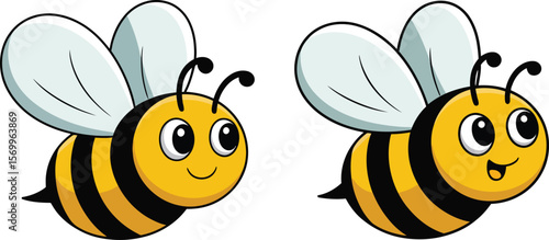 Two cute cartoon bees with happy expressions and translucent wings