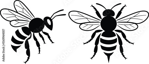 Two stylized black silhouette bees with detailed wings and segmented bodies