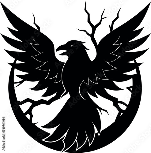 Symbolic Silhouette of a Powerful Raven Spreading its Wings Against a Crescent Moon and Thorny Branches