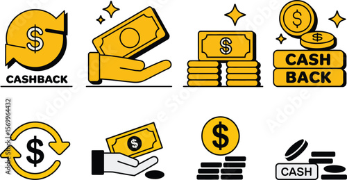 Collection of cashback and money icons with dollar symbols and coins