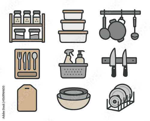 Modern Kitchen Storage Icons. Flat icon set of kitchen storage systems: spice rack, stackable food container,