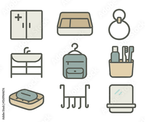 Bathroom Space Saver Icons. Flat icon set of bathroom space savers: medicine cabinet, drawer tray, towel ring,